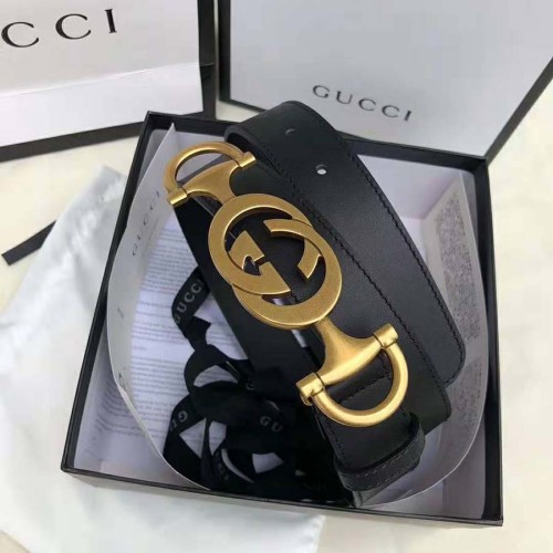 Gucci Unisex Leather Belt with Interlocking G Horsebit-Black