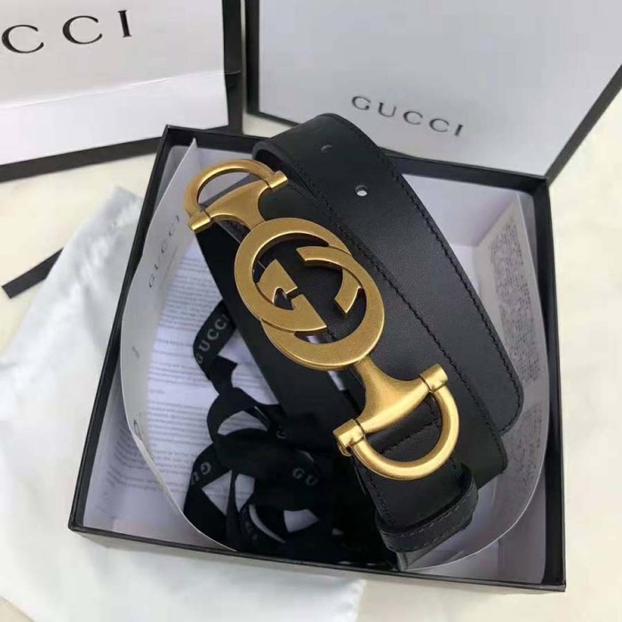 Gucci Unisex Leather Belt with Interlocking G Horsebit-Black