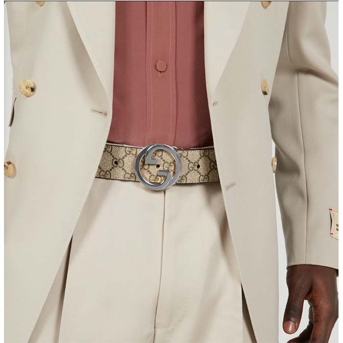 Gucci Unisex GG Blondie Belt Round Interlocking G Buckle Beige Ebony Supreme Canvas