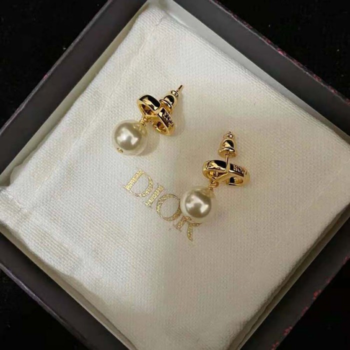 Dior Women Petit CD Earrings Gold-Finish Metal and White Resin Pearls