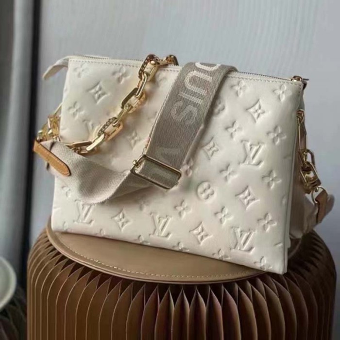 Louis Vuitton LV Women Coussin PM Handbag Cream Monogram-Embossed Puffy Lambskin Calfskin