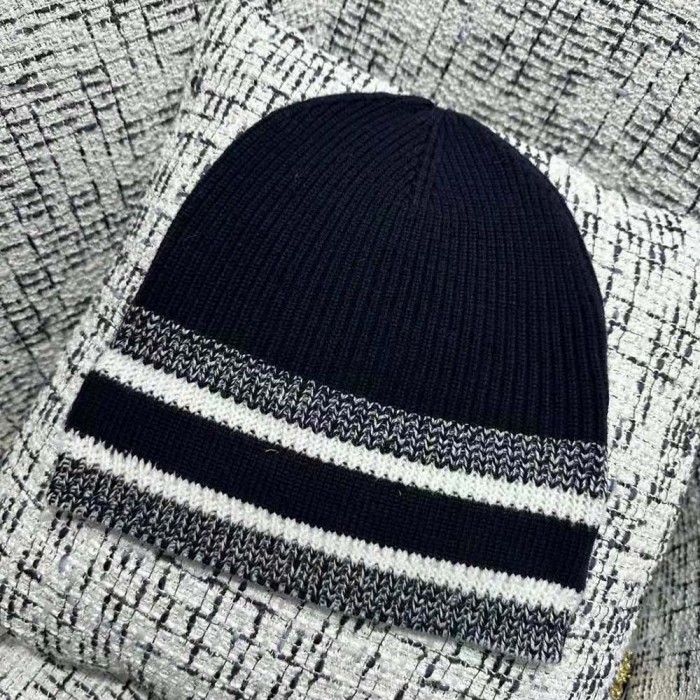 Dior Women D-White Beanie Black and Ivory Virgin Wool and Cashmere