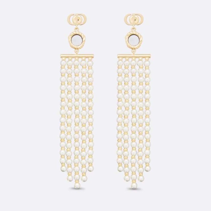 Dior Women La Parisienne Earrings Gold-Finish Metal with White Resin Pearls and Mirrors