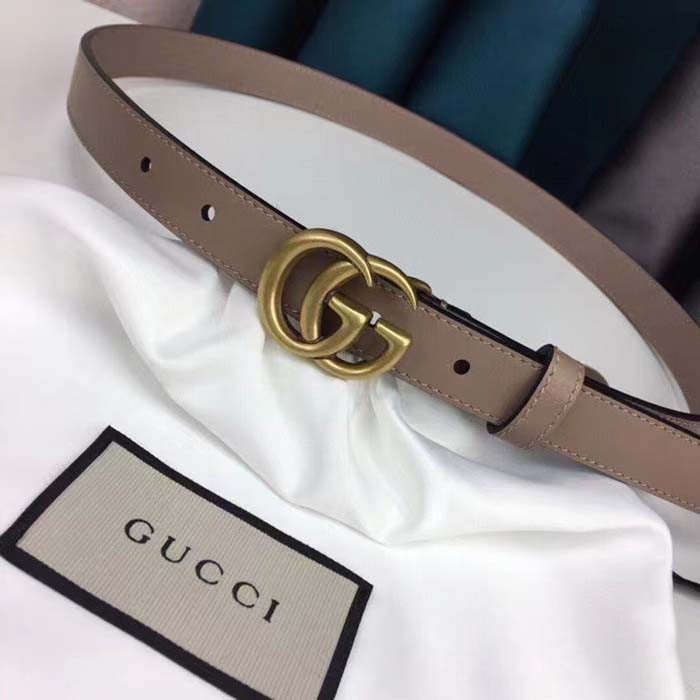 Gucci Unisex GG Thin Belt Double G Buckle Tan Leather 2 CM Width