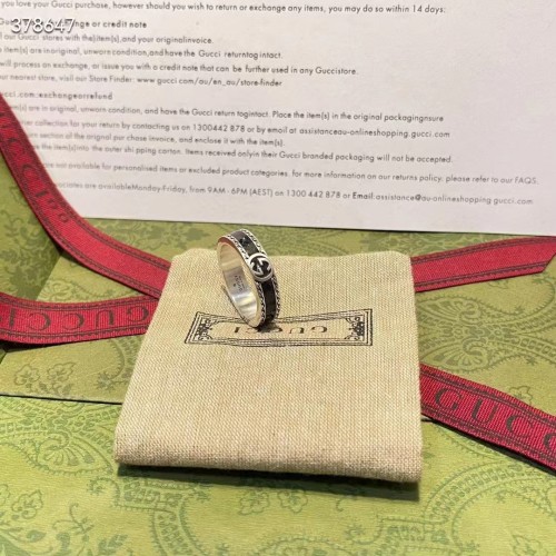 Gucci Unisex GG Ring Interlocking G 925 Sterling Silver Black Enamel Decorative Ridge