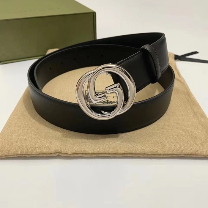 Gucci Unisex GG Blondie Belt Black Leather Round Interlocking G Buckle 4 CM Width
