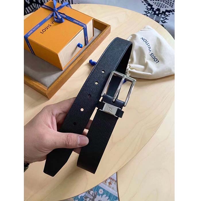 Louis Vuitton Unisex Pont Neuf 35 MM Width Black Taiga Calf Leather Brass Buckle