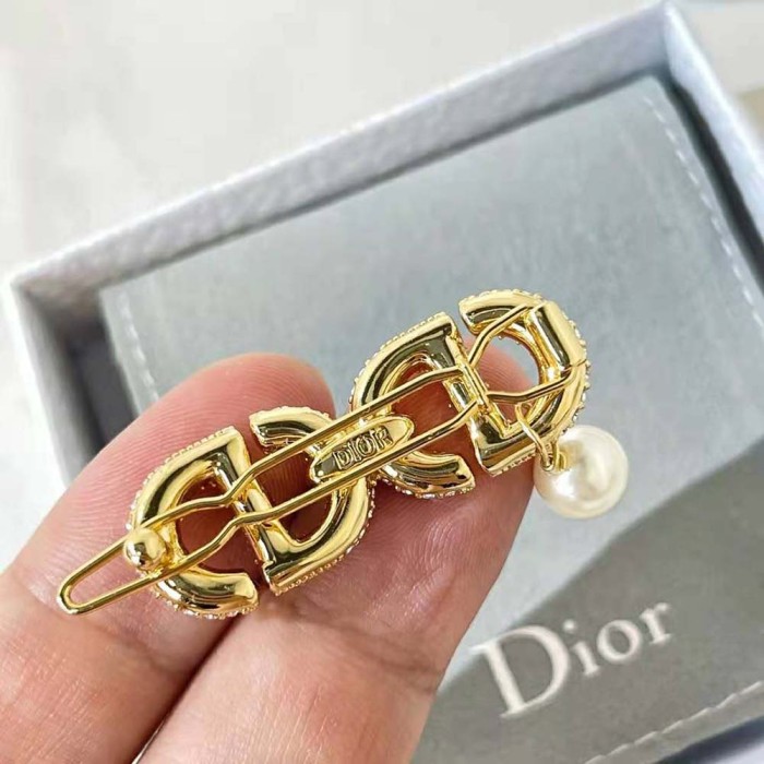 Dior Women CD Navy Barrette Gold-Finish Metal and White Crystals