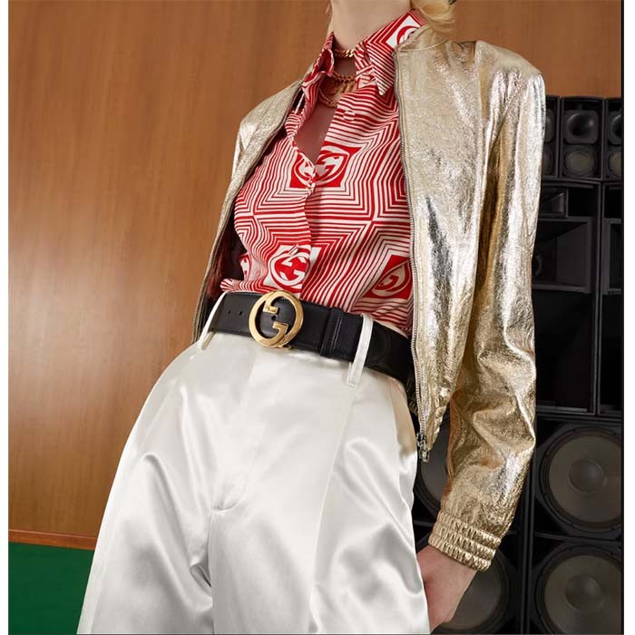 Gucci Unisex GG Blondie Wide Belt Black Leather Round Interlocking G 5 CM Width