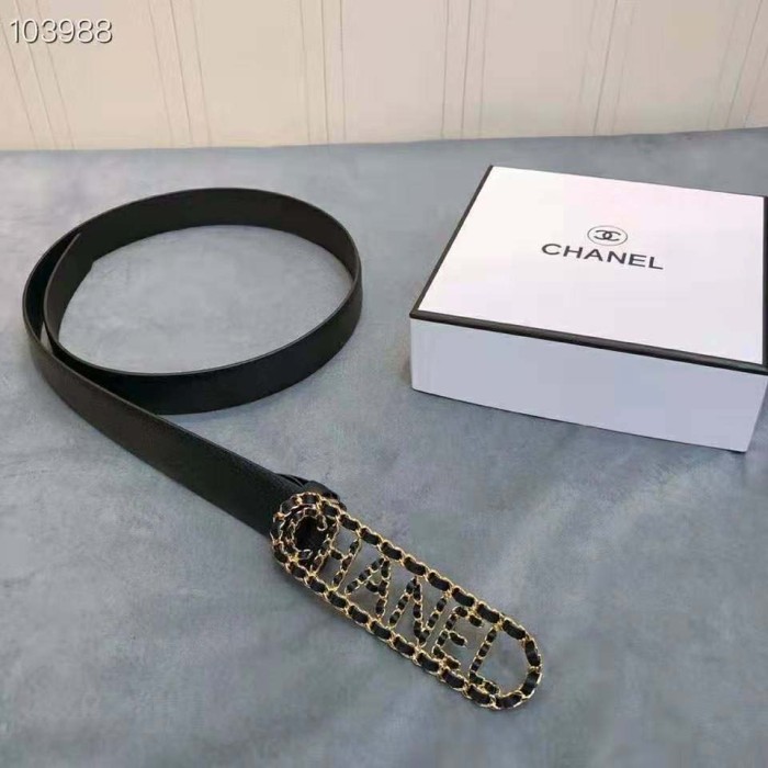 Chanel Women Calfskin Gold-Tone Metal & Lambskin Belt-Black