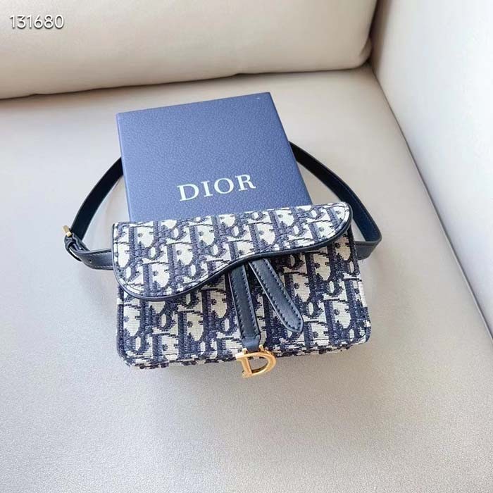 Dior Unisex CD Saddle Belt Pouch Blue Oblique Jacquard Front 'D' Stirrup