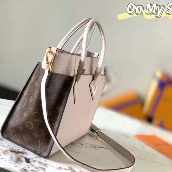 Louis Vuitton LV Women On My Side MM Tote Greige Calfskin Monogram Canvas