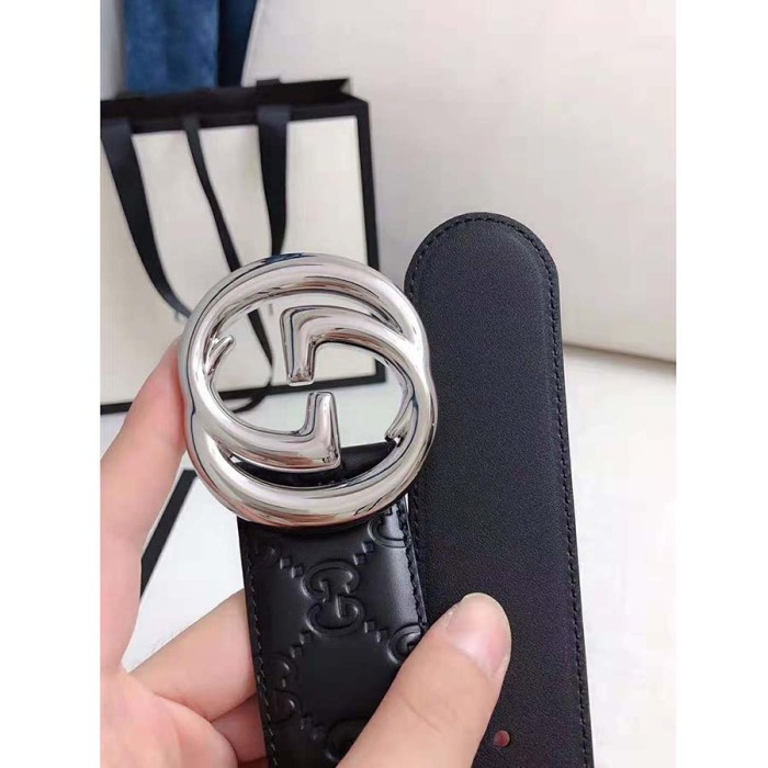 Gucci Unisex Gucci Signature Leather Belt with Interlocking G Buckle-Black