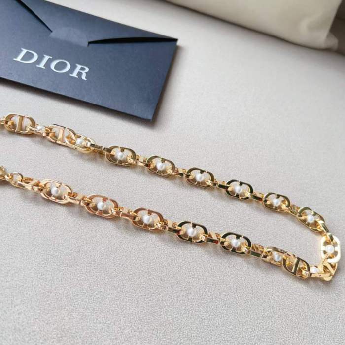 Dior CD Women 30 Montaigne Jolie Chain Belt Gold White Resin Pearls 10 MM