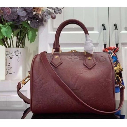 Louis Vuitton LV Women Speedy Bandoulière 25 Wine Red Monogram Empreinte Embossed Grained Cowhide Leather