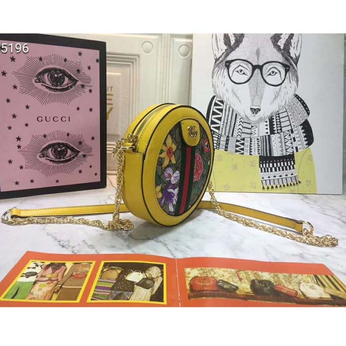 Gucci GG Women Ophidia GG Flora Mini Round Shoulder Bag in Beige/Ebony GG Supreme Canvas