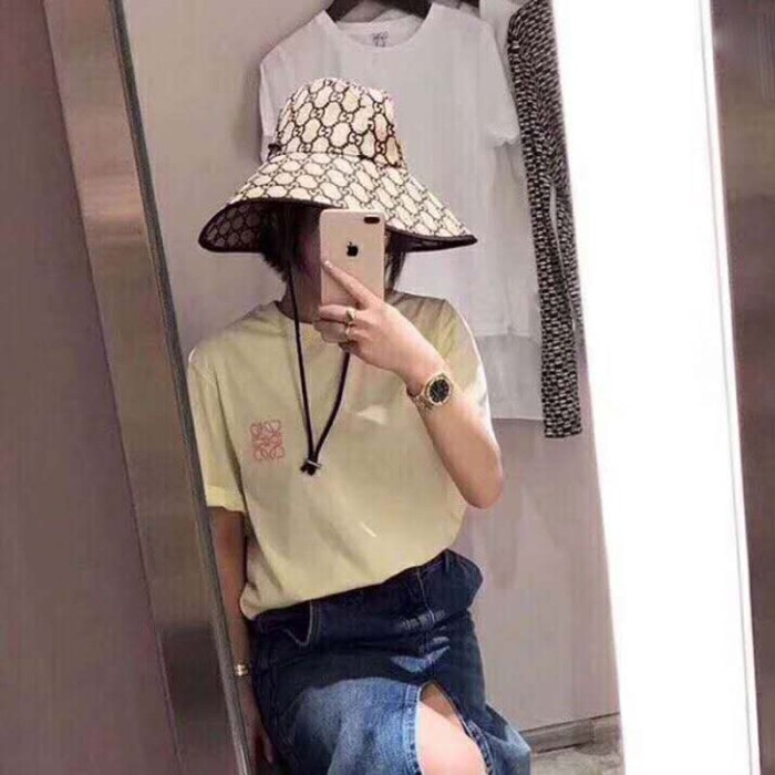 Gucci Unisex GG Raffia Wide Brim Hat in Mustard and Dark Brown Raffia