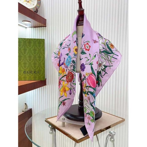 Gucci Women GG Flora Print Silk Carré Multicolor Purple Twill