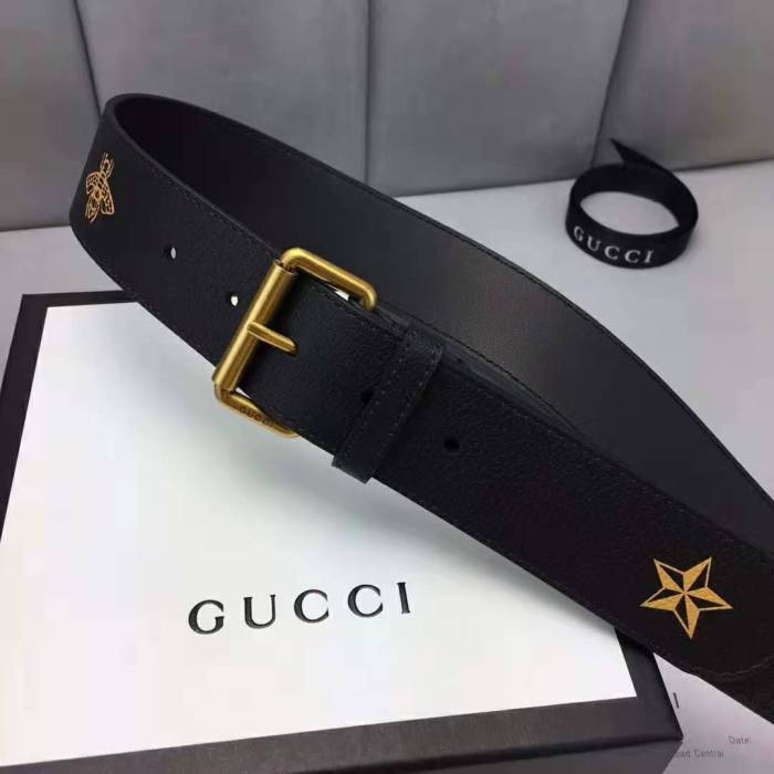 Gucci Unisex Belt with Bees and Stars Bet in Black Metal-Free Tanned Leather
