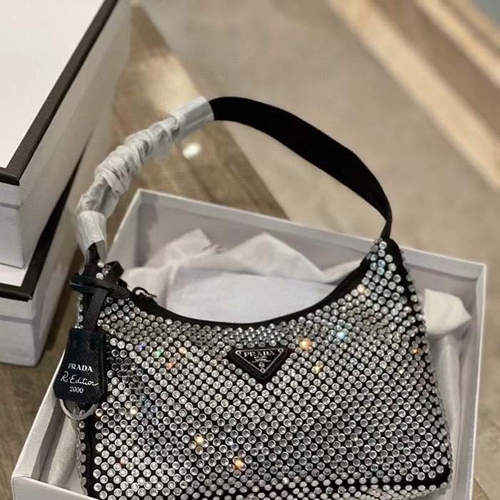 Prada Women Satin Mini-Bag Crystals Silk Satin Lining Silver