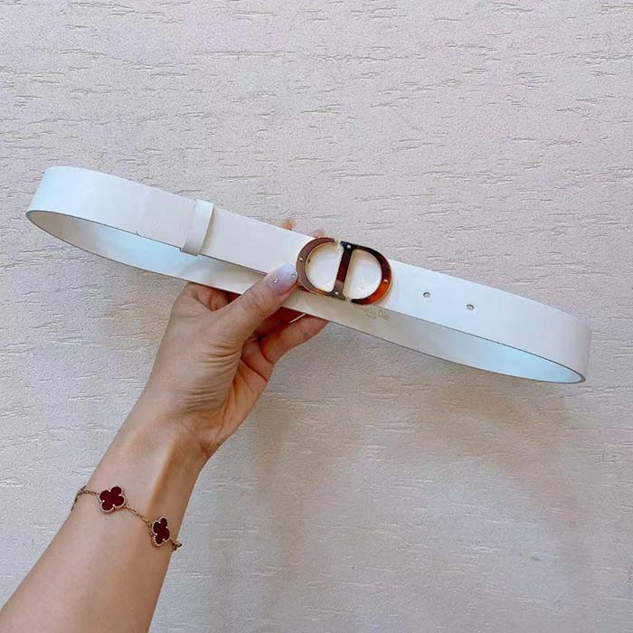 Dior Unisex CD 30 Montaigne Belt White Smooth Calfskin Leather Brown Tortoiseshell-Effect Resin