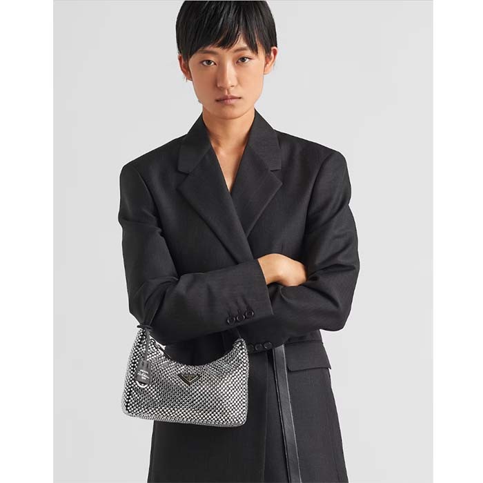 Prada Women Satin Mini-Bag Crystals Silk Satin Lining Silver