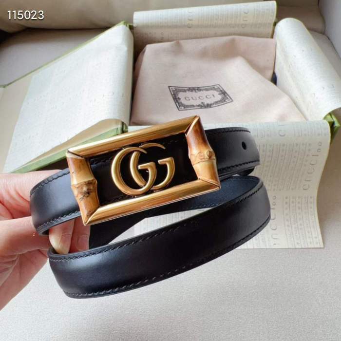 Gucci Unisex GG Belt Double G Buckle Bamboo Black Leather 1.8 CM Width