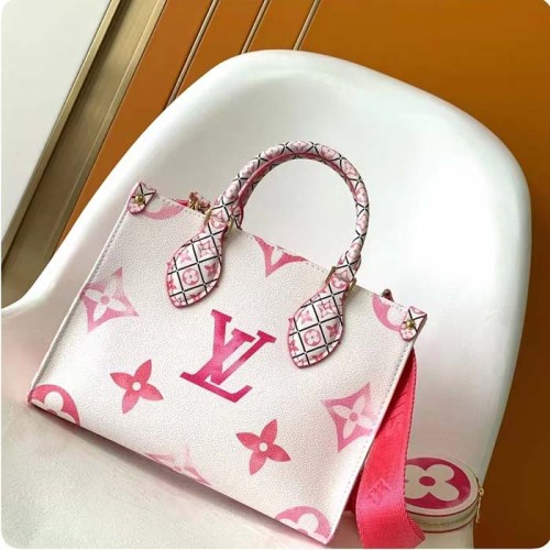 Louis Vuitton LV Women Onthego PM Pink Monogram Coated Canvas Textile Lining