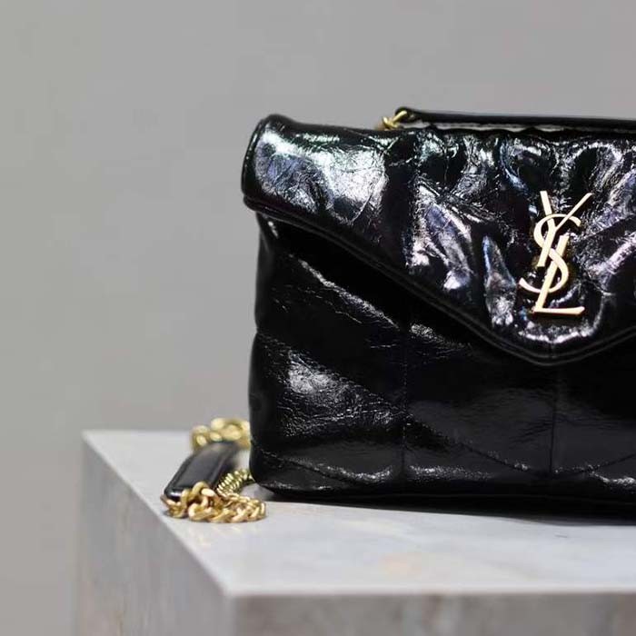 Saint Laurent YSL Women Puffer Small Nappa Leather Black Gold Lambskin