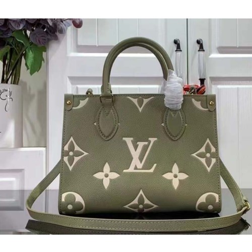 Louis Vuitton LV Women Onthego PM Light Khaki Cream Monogram Empreinte Embossed Grained Cowhide Leather