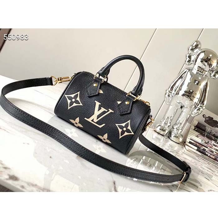 Louis Vuitton LV Women Nano Speedy Bag Black Beige Monogram Empreinte Embossed Supple Grained Cowhide Leather