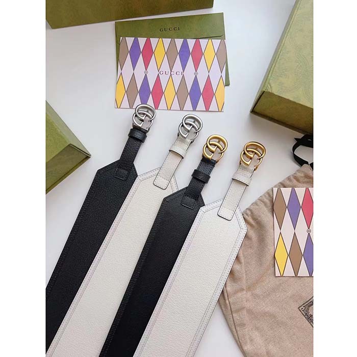 Gucci Unisex GG Marmont Wide Belt White Leather Double G 6.9 CM Width