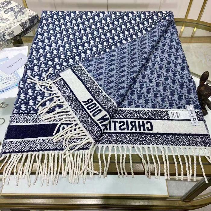 Dior Unisex CD Dior Oblique Scarf Navy Blue Cashmere Double-Sided Fringed Ends