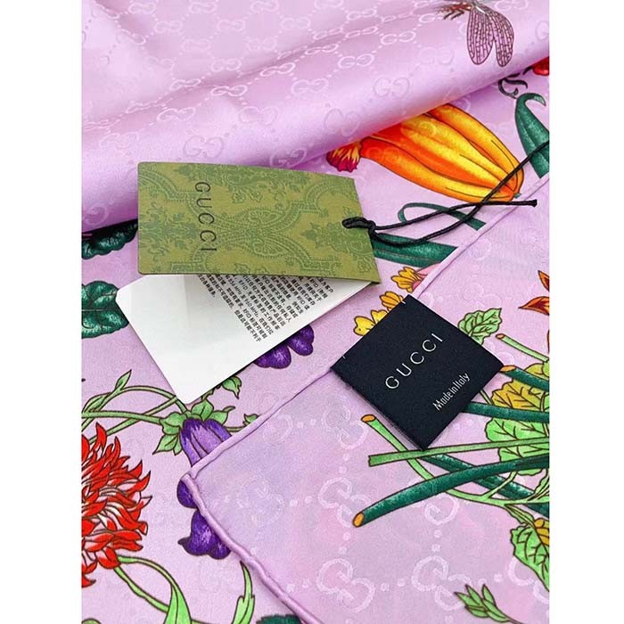 Gucci Women GG Flora Print Silk Carré Multicolor Purple Twill