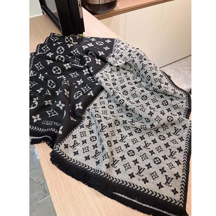Louis Vuitton LV Unisex Simply LV Scarf Black Fringed Finish Contrasting Monogram Motif