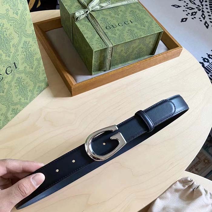 Gucci GG Unisex Thin Belt with G Buckle Black Leather 3 Cm Width