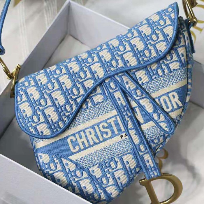 Dior Women Saddle Bag Cornflower Blue Dior Oblique Embroidery