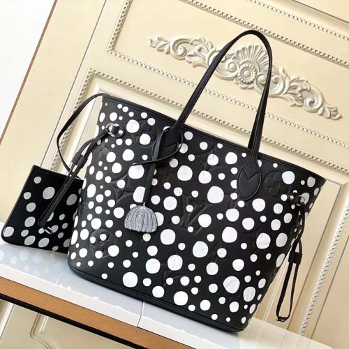 Louis Vuitton Women LVxYK Neverfull MM Tote Black White Embossed Grained Monogram Empreinte Cowhide