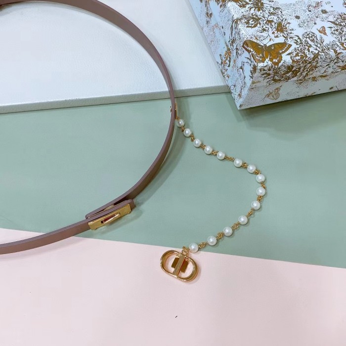 Dior Women CD Cinturon Dior Caro Belt Brown Smooth Calfskin White Glass Pearls 20 MM Width