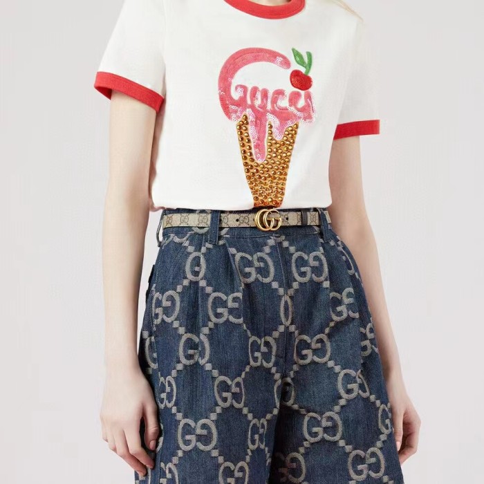 Gucci Unisex Marmont Reversible Thin Belt Black Beige Ebony GG Supreme Canvas