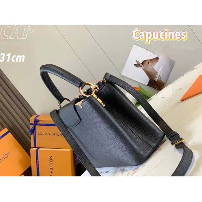 Louis Vuitton LV Women Capucines MM Handbag Black Taurillon Calf Leather