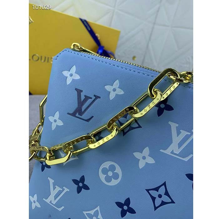 Louis Vuitton LV Women Coussin PM Handbag Blue Lambskin Silk Scarf Cowhide Leather