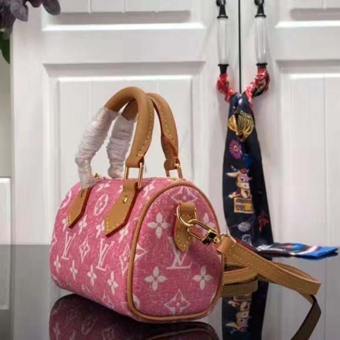 Louis Vuitton LV Women Nano Speedy Monogram Jacquard Denim Pink Cowhide Leather
