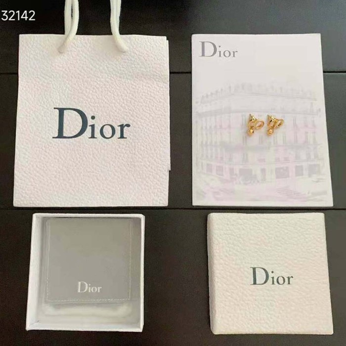 Dior Women Petit CD Earrings Gold-Finish Metal and White Crystals