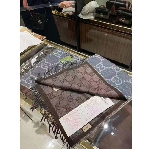 Gucci Unisex GG Jacquard Knit Scarf Tassels Navy Brown Wool