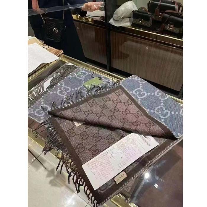 Gucci Unisex GG Jacquard Knit Scarf Tassels Navy Brown Wool