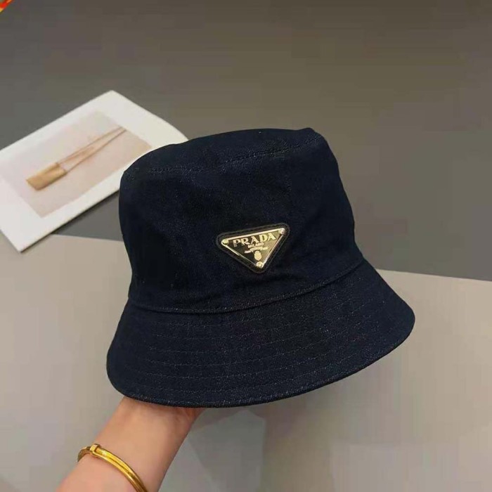 Prada Women Denim Bucket Hat-Navy