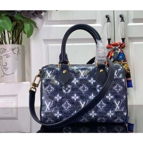 Louis Vuitton Women LV Speedy Bandouliere 20 Handbag Blue Monoglam Coated Canvas