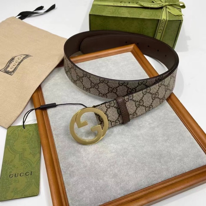 Gucci Unisex GG Blondie Belt Round Interlocking G Buckle Ebony Beige Supreme Canvas