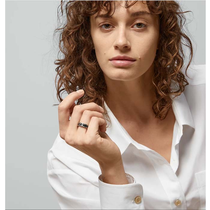 Gucci Unisex GG Ring Interlocking G 925 Sterling Silver Black Enamel Decorative Ridge